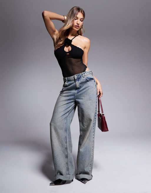 ASOS DESIGN - Tasha - Body van gestippeld mesh met corsage in zwart
