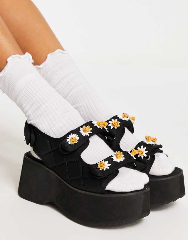 ASOS DESIGN Task daisy trim sporty flatform sandals in black