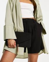 ASOS DESIGN oversized ruched clutch bag in beige with detachable shoulder  bag chain