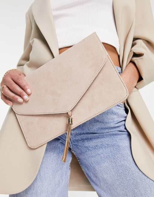 ASOS Design Tassel Clutch Bag in cream-Neutral