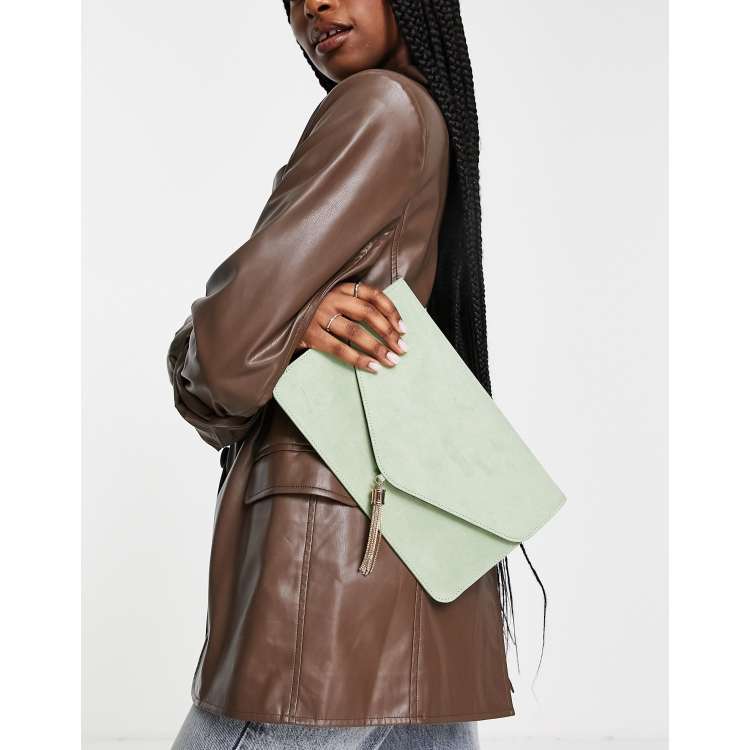 ASOS DESIGN tassel clutch bag in sage green