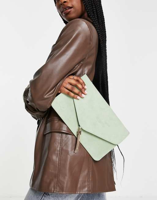 ASOS DESIGN tassel clutch bag in sage green