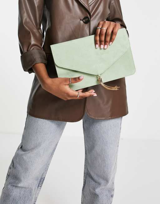 ASOS DESIGN oversized ruched clutch bag in sage green with