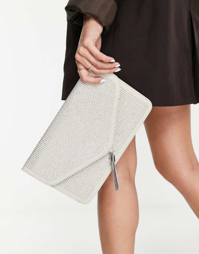 ASOS DESIGN tassel clutch bag in silver crystal