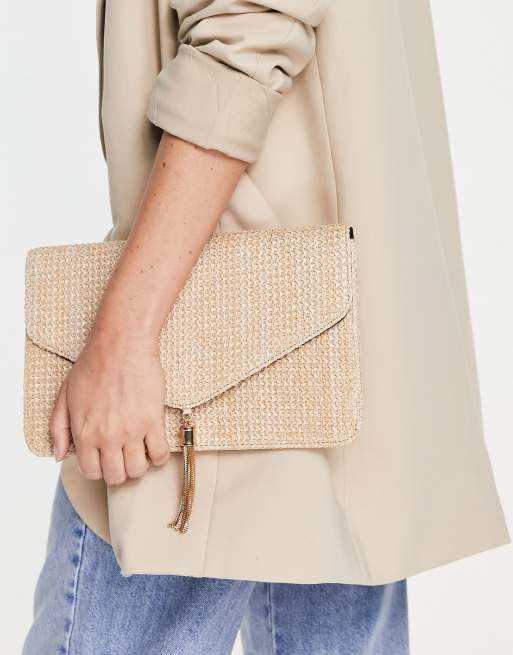 ASOS Design Tassel Clutch Bag in cream-Neutral