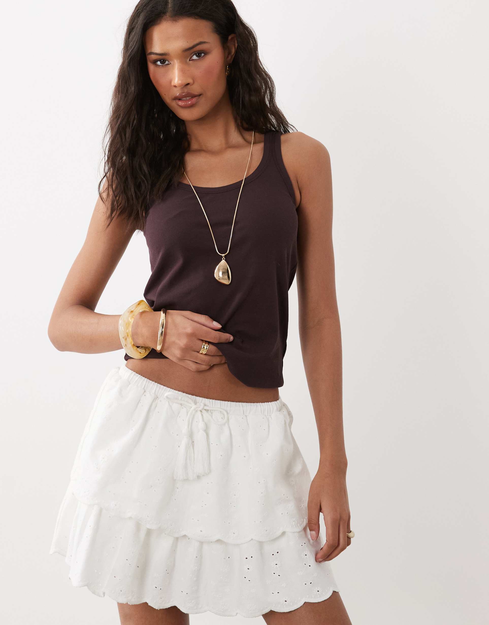 asos design tassel detail jersey broderie mini skirt in white