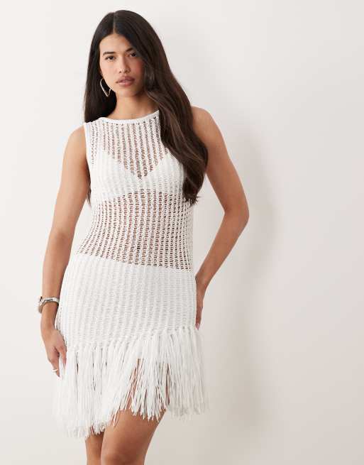 ASOS DESIGN tassel hem mini dress in white, 2 of 4