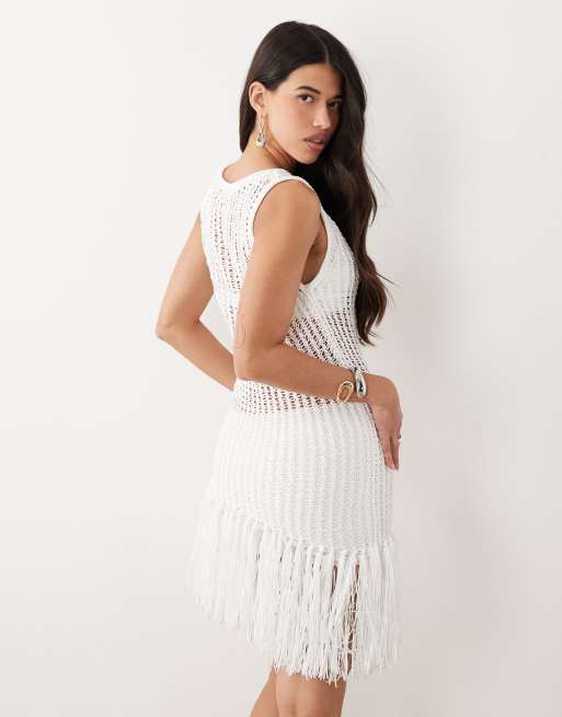 ASOS DESIGN tassel hem mini dress in white, 3 of 4
