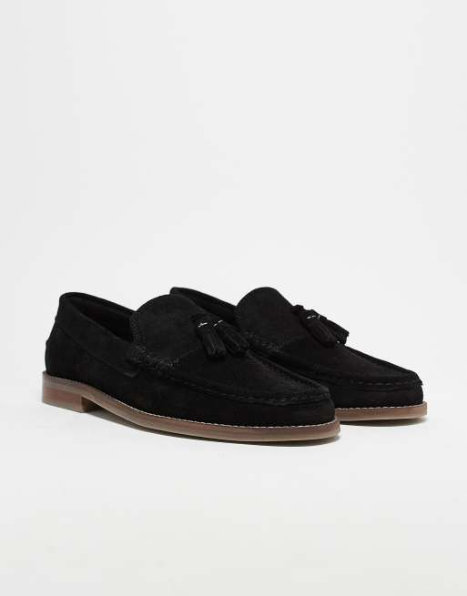 ASOS DESIGN tassel loafers in black suede with natural sole