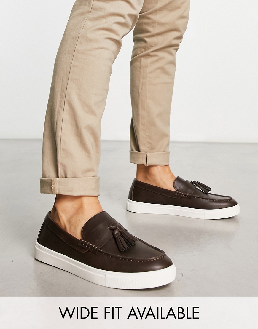 Asos Design Tassel Loafers In Brown Faux Leather With White Sole