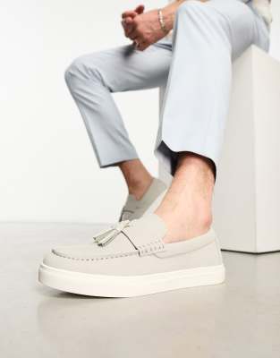 Asos Design Tassel Loafers In Gray Faux Suede With White Sole