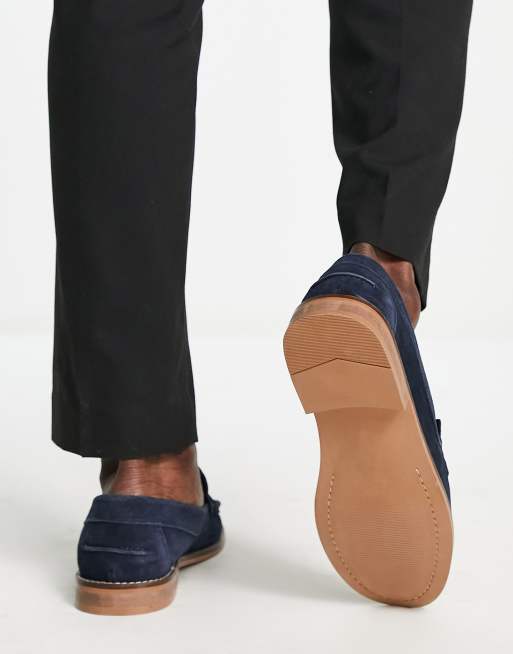 ASOS DESIGN tassel loafers in navy suede with natural sole