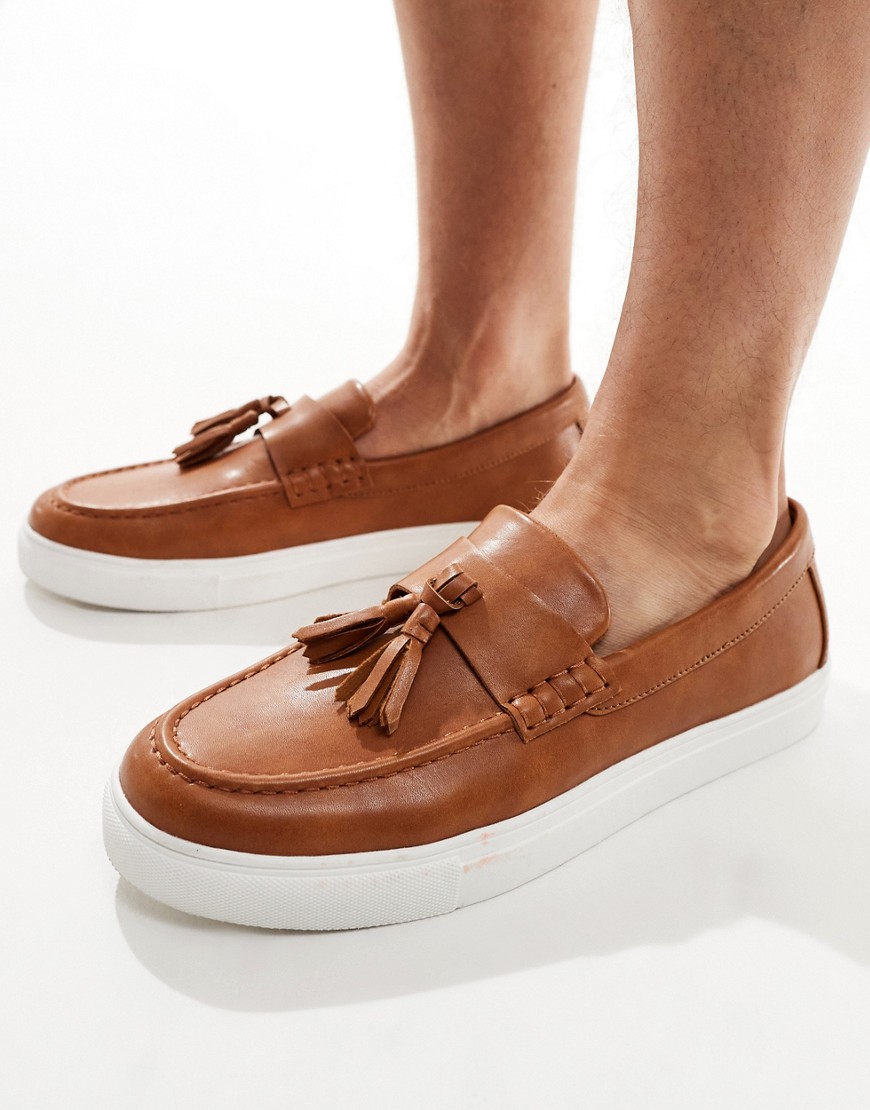 Asos Design Tassel Loafers In Tan Faux Leather With White Sole-brown