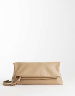Asos Design Tassel Zip Top Flap Clutch In Neutral