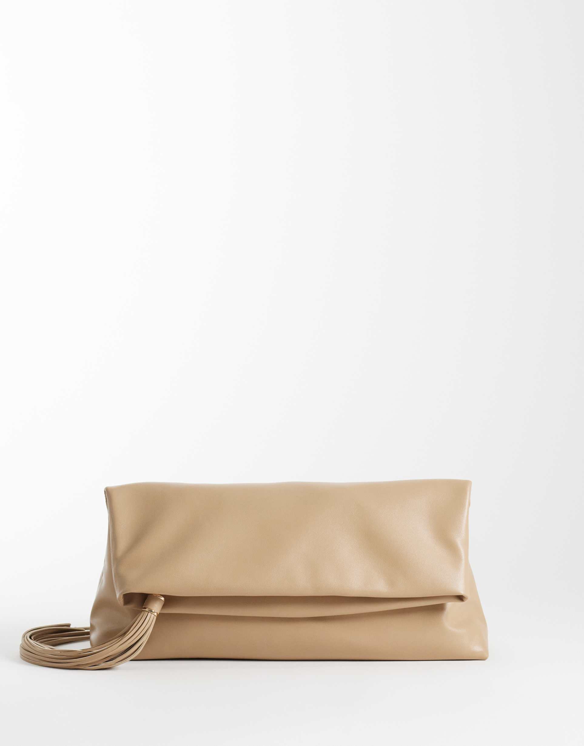 asos design tassel zip top flap clutch in biscuit