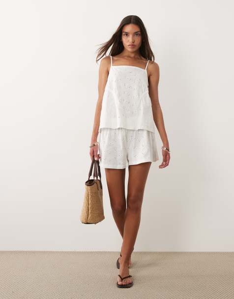 ASOS DESIGN tassle detail jersey broderie co-ord in white - view 1