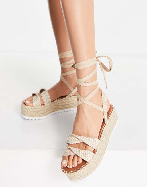 ASOS DESIGN Tate tie leg flatform sandals in natural | ASOS