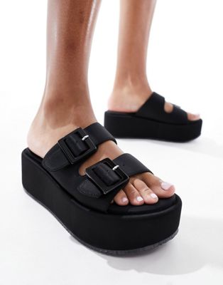 Asos Design Taxon Buckle Flatform Mule Sandals In Black