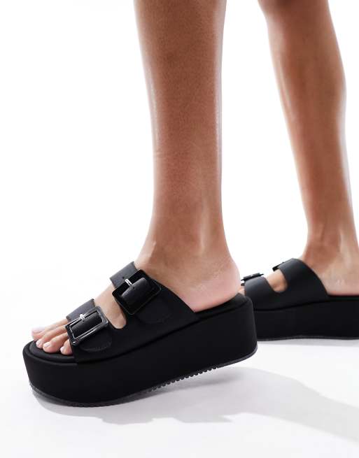 Black Flatform Studded Double Buckle Mule Slider