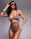 [ASOS DESIGN] ASOS DESIGN Tayla cut out swimsuit with gold bead trim in brown 12 Brown