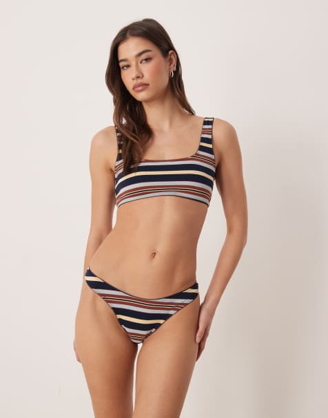 ASOS DESIGN – Taylor – Gestreifter Tanga in Marineblau, Gelb und Braun mit hohem Beinausschnitt - view 1