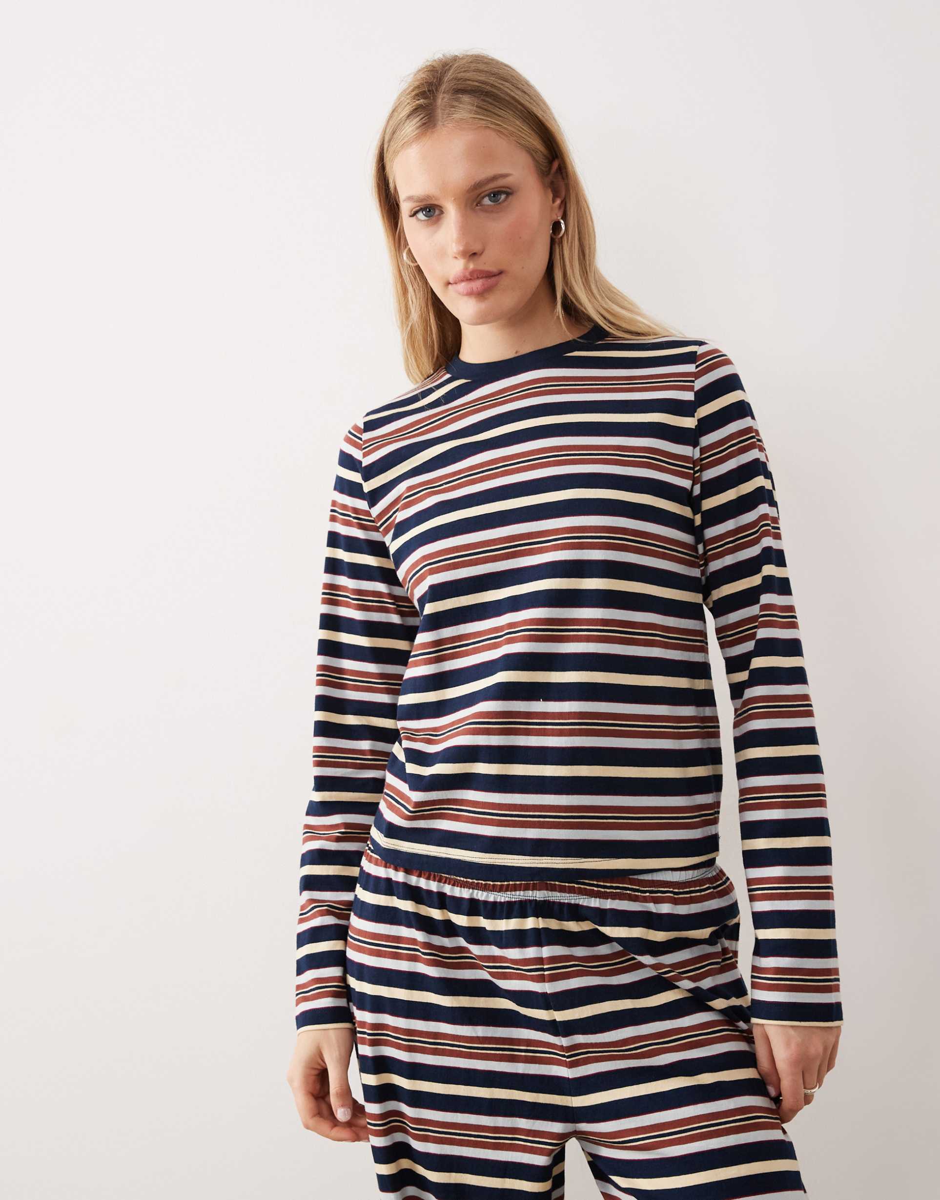 asos design taylor long sleeve pajama top in navy, yellow and brown stripes