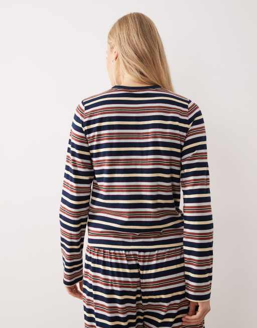 ASOS DESIGN Taylor long sleeve pajama top in navy, yellow and brown stripes, 4 of 4