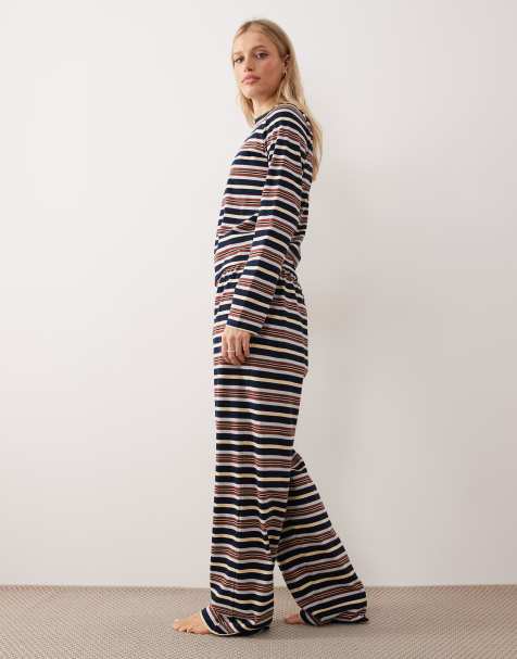 ASOS DESIGN - Taylor - Marineblå/gule/brune pyjamasbukser med striber - view 1