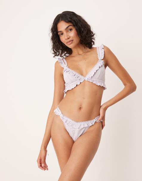 ASOS DESIGN Taylor rib soft bra and lingerie thong set in washed lilac - view 1