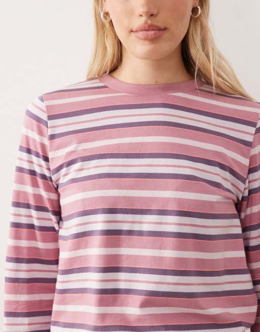 ASOS DESIGN - Taylor - Top del pigiama a maniche lunghe rosa e bordeaux a righe, 4 di 4