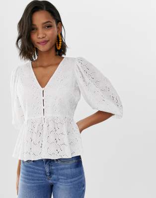 ASOS DESIGN tea blouse in broderie with volume sleeve-White