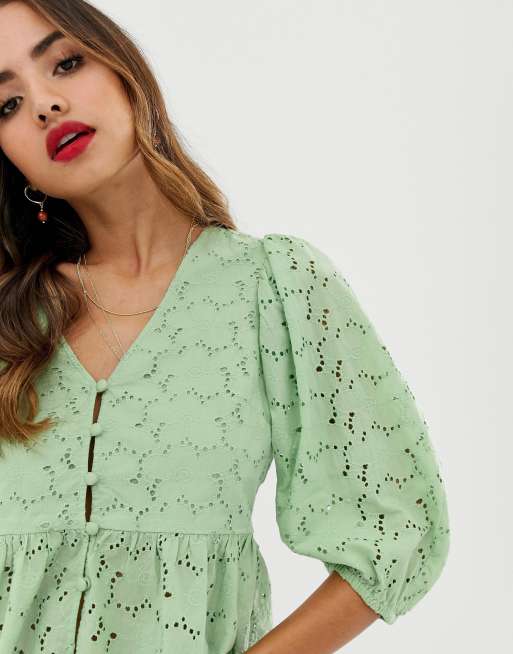 ASOS DESIGN tea blouse in broderie with volume sleeve, 3 of 4
