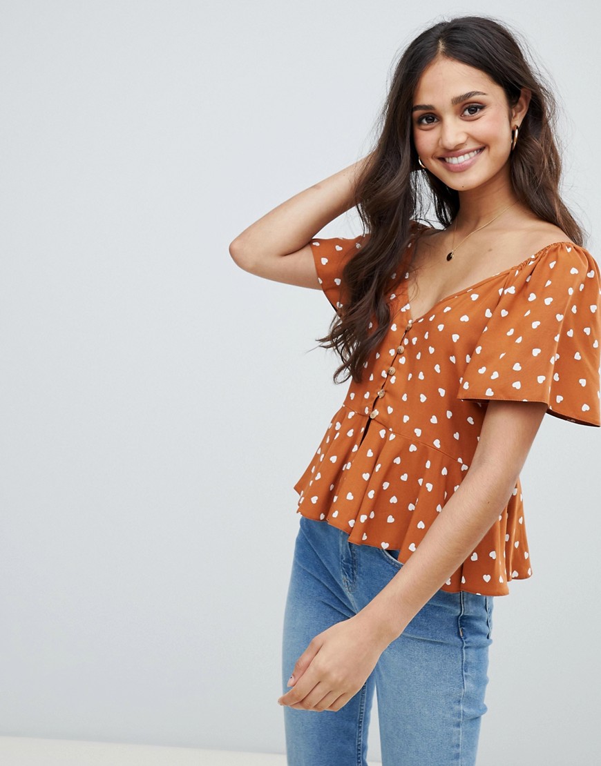 ASOS DESIGN tea blouse with button front in heart print-Multi
