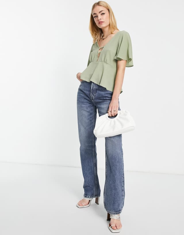 ASOS DESIGN tea blouse with peplum hem and angel sleeve with twist front detail in khaki