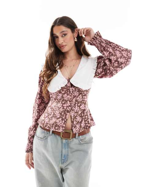 ASOS DESIGN - Tea-bluse med kontrasterende krave og blomstermønster - view 1