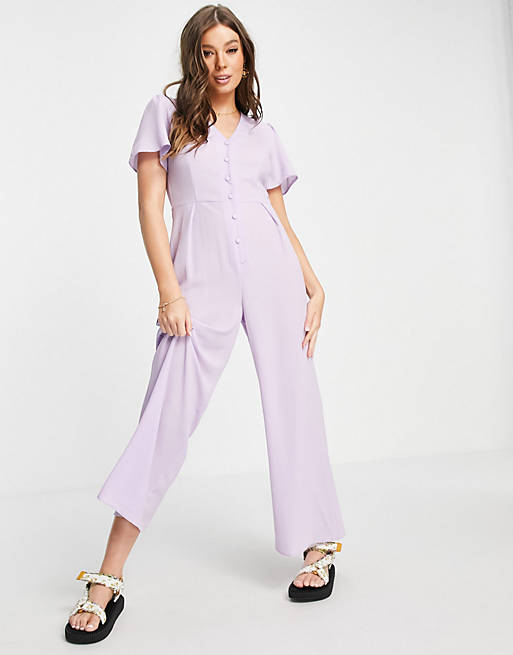 ASOS DESIGN bubble crepe tea button front jumpsuit in lilac