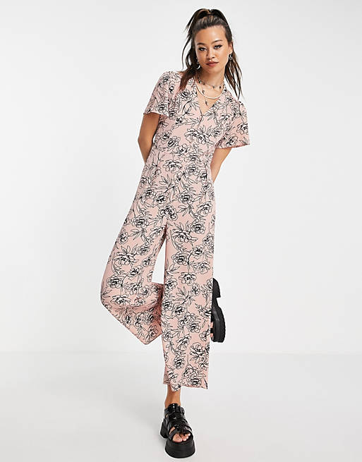 Women tea button front jumpsuit in sketch floral 