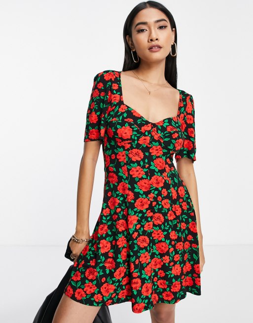 ASOS DESIGN tea dress in black and red rose print | ASOS