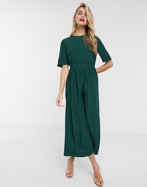 ASOS DESIGN tea jumpsuit with button back detail in forest green