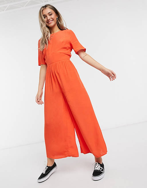 ASOS DESIGN tea jumpsuit with button back detail in tomato red