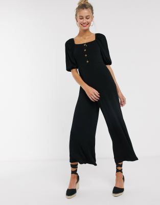 ASOS DESIGN tea jumpsuit with button front and puff sleeve in rib in ...