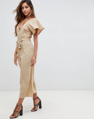 button detail self tie jumpsuit