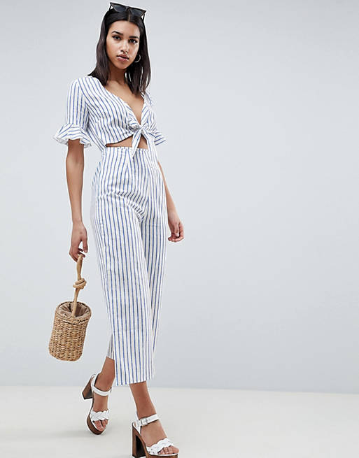 ASOS DESIGN tea jumpsuit with cut out and tie detail in linen in stripe ...