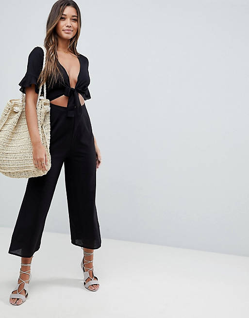 ASOS DESIGN tea jumpsuit with cut out and tie detail in linen