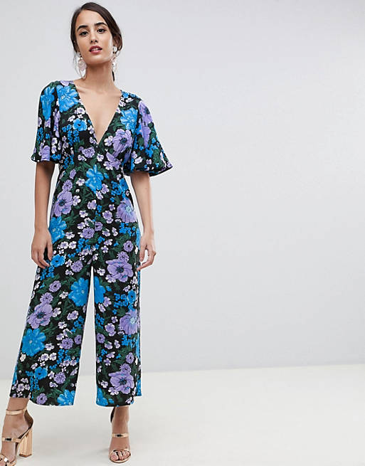 ASOS DESIGN tea jumpsuit with empire seam and flutter sleeve in floral print