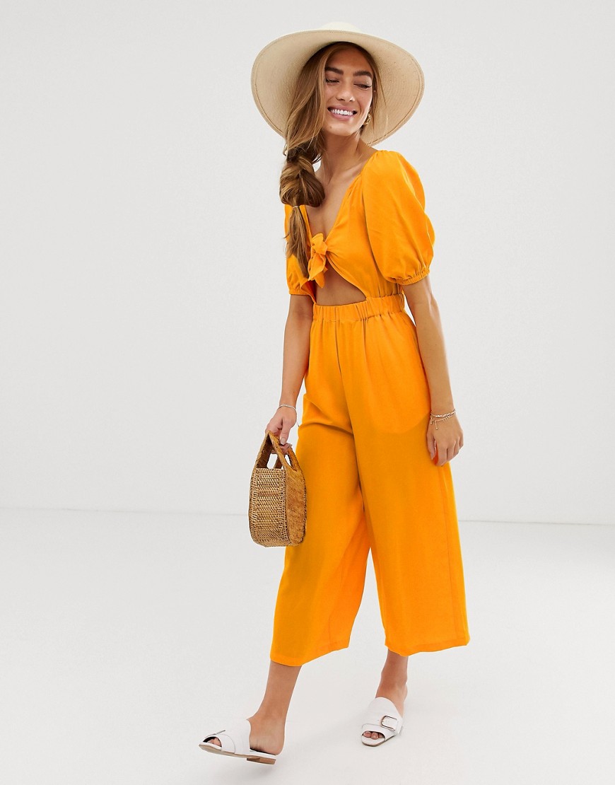 ASOS DESIGN tea jumpsuit with puff sleeve and tie detail-Yellow