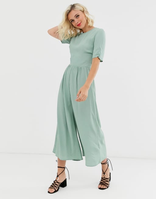 Asos design tea jumpsuit with sale ruched sleeve detail