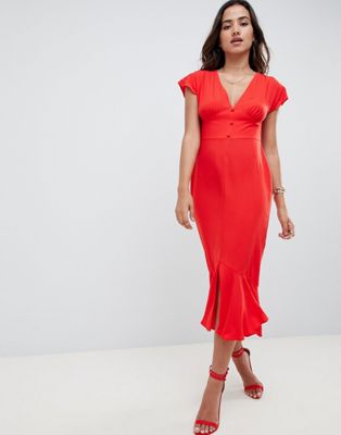 ASOS DESIGN – Tea-klänning i peplum av midimodell med knappar och rosett i ryggen-Röd