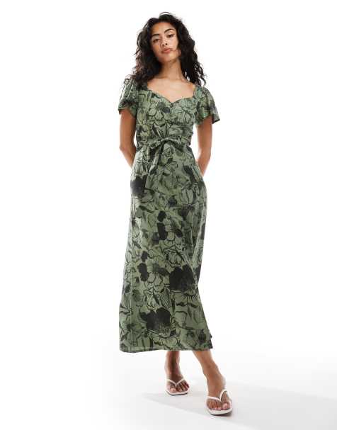 ASOS DESIGN - Tea-midikjole med bindebånd på ryggen og blomstermønster i kakigrøn/sort - view 1