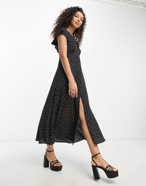 ASOS DESIGN - Tea-midikjole med flagrende ærmer og knapper i monokromt print med prikker